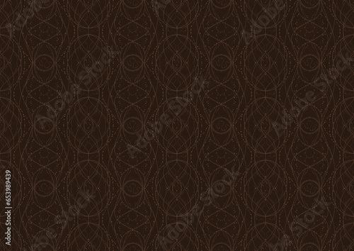 Hand-drawn unique abstract symmetrical seamless ornament. Light semi transparent brown on a dark brown background. Paper texture. Digital artwork, A4. (pattern: p10-2c)