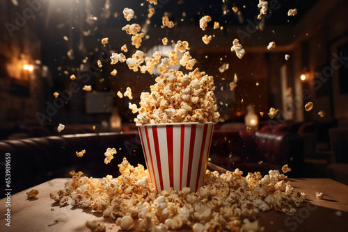 Flying popcorn from in paper striped bucket in blurred cinema hall background