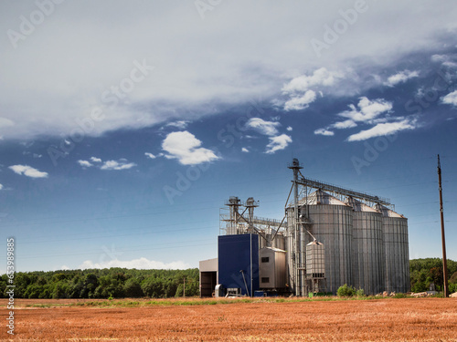 Modern silo or elevator for grain collection and storage by a wheat field. Agriculture industry and food supply chain, Warm sunny day. Cloudy sky.