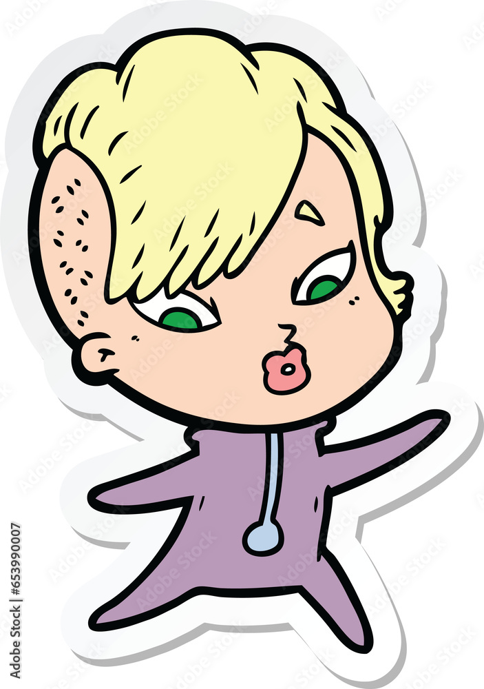 sticker of a cartoon surprised girl in science fiction clothes sticker of a cartoon surprised girl in science fiction clothes