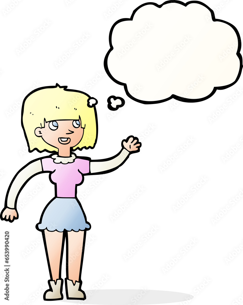 cartoon girl waving with thought bubble cartoon girl waving with thought bubble