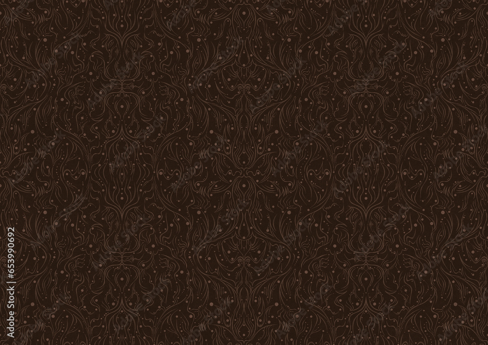 Fototapeta premium Hand-drawn unique abstract symmetrical seamless ornament. Light semi transparent brown on a dark brown background. Paper texture. Digital artwork, A4. (pattern: p11-2b)