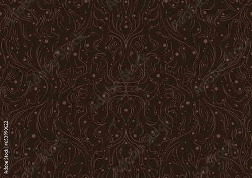 Hand-drawn unique abstract symmetrical seamless ornament. Light semi transparent brown on a dark brown background. Paper texture. Digital artwork, A4. (pattern: p11-2a)