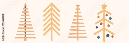Set of eco friendly handmade Christmas trees made from wooden planks. Organic winter decoration. Zero waste plastic free concept. Ecological holiday interior decor