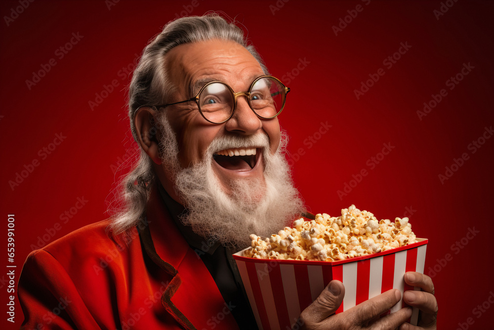 Cheerful bearded senior man holding paper bucket with sweet popcorn on color background