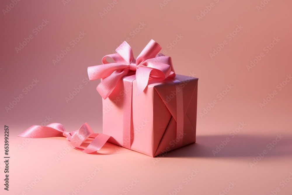 a pink present with a pink bow on a plain backdrop. Generative AI