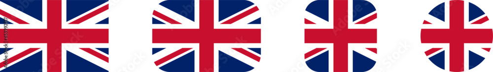 Obraz premium United Kingdom UK Union Jack Flag Set with Rectangle and Square with Rounded Corners and Round Circle Flag Icon Set. Vector Image.