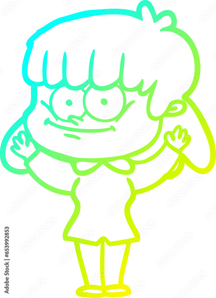 cold gradient line drawing of a cartoon smiling woman cold gradient line drawing of a cartoon smiling woman