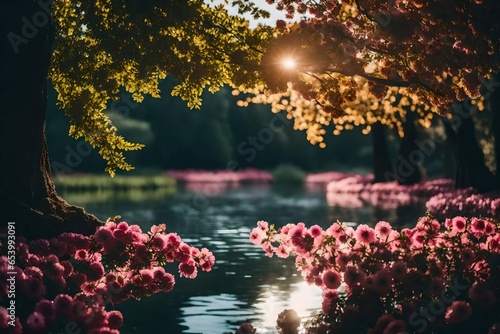 lake in autumn with flowers
