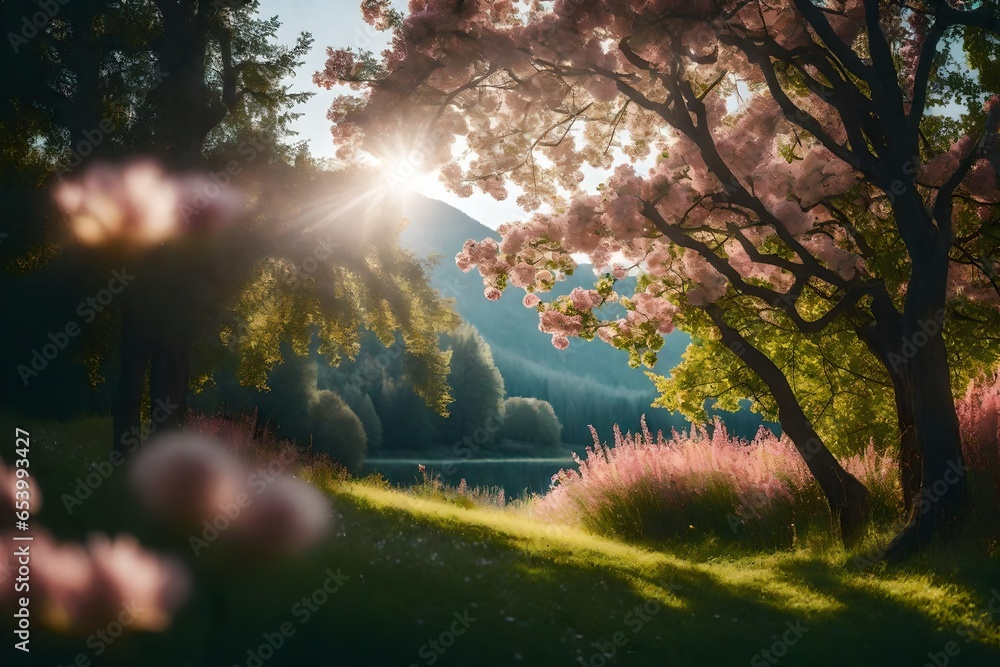 sun rays in the forest at spring season