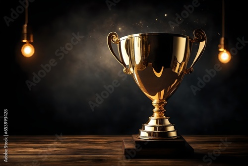 gold trophy cup on black background with hanging lights 