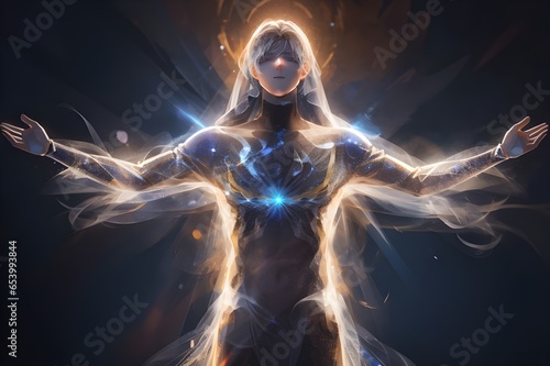Spirit man ascend from body, The spirit being's arms are spread out.