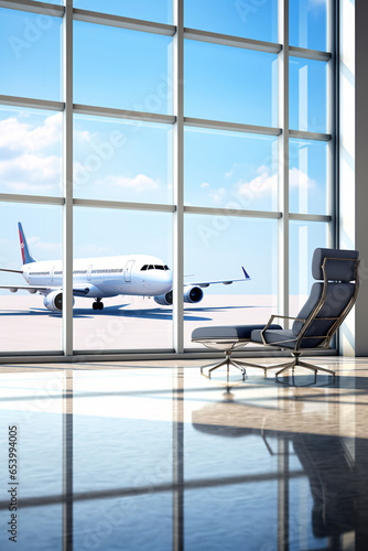 Emptiness Embodied Airport Terminal Lounge Awaiting Arrival, Airplane on Background 3D Illustration