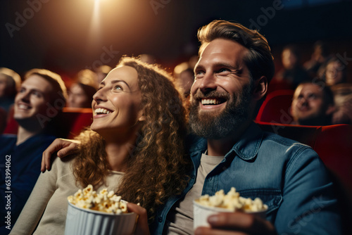 A young and cheerful couple are watching a movie in the cinema theatre