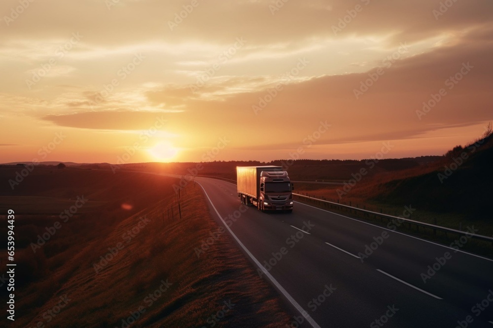 A fast-moving semi-truck driving on the road during sunset. Transportation, shipping, and freight logistics. Generative AI