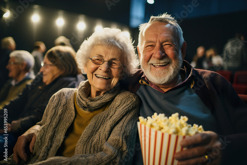 Happy senior couple are watching the movie in the cinema theatre