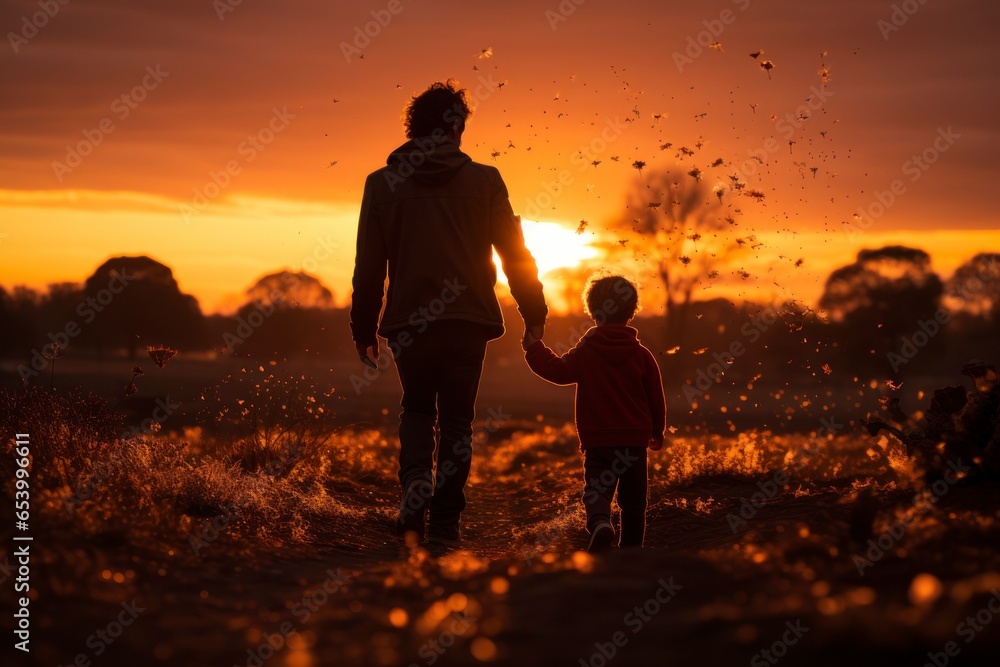 A heartwarming silhouette of a parent lifting a child into the air during a family outing at the park, with the sun setting behind them