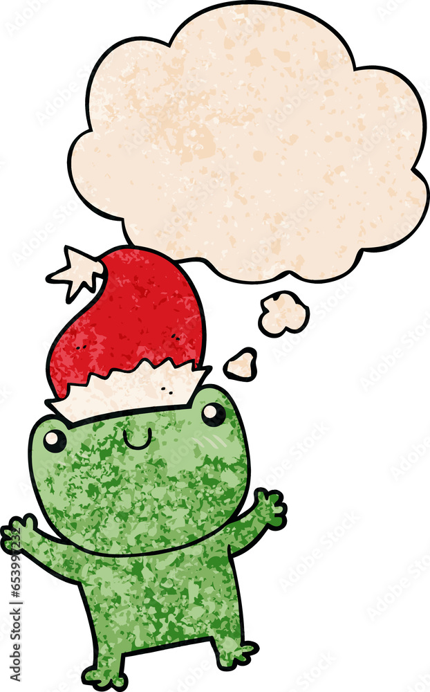 cute cartoon frog wearing christmas hat with thought bubble in grunge texture style cute cartoon frog wearing christmas hat with thought bubble in grunge texture style