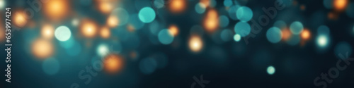 Banner with warm orange and teal lights on a deep blue blurred bockeh background. Cold and warm light, depth of field. Copy space Wallpaper. photo