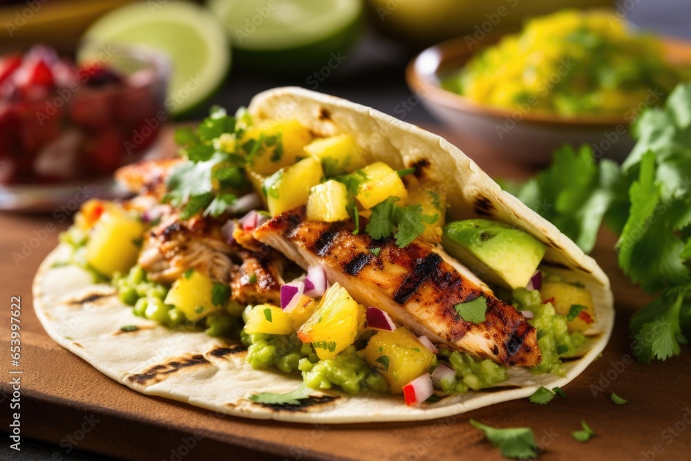 A twist on the classic Mexican street food, this taco offers a delectable combination of grilled chicken and juicy pineapple, marinated in a tangy citrus glaze. Topped with a vibrant avocado A twist on the classic Mexican street food, this taco offers a delectable combination of grilled chicken and juicy pineapple, marinated in a tangy citrus glaze. Topped with a vibrant avocado