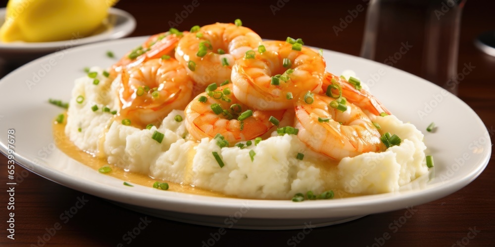 The lens focuses on a generous portion of shrimp scampi served on a bed of fluffy, garlicinfused mashed potatoes, enticingly garnished with finely chopped chives and a vibrant lemon wedge. The lens focuses on a generous portion of shrimp scampi served on a bed of fluffy, garlicinfused mashed potatoes, enticingly garnished with finely chopped chives and a vibrant lemon wedge.