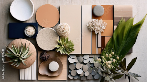 Creative flat lay composition stone tiles and wood panel samples, plants and flowers.  Bohemian stylish interior designer  architect moodboard.  Warm modern earth tone colors with space for text.  photo