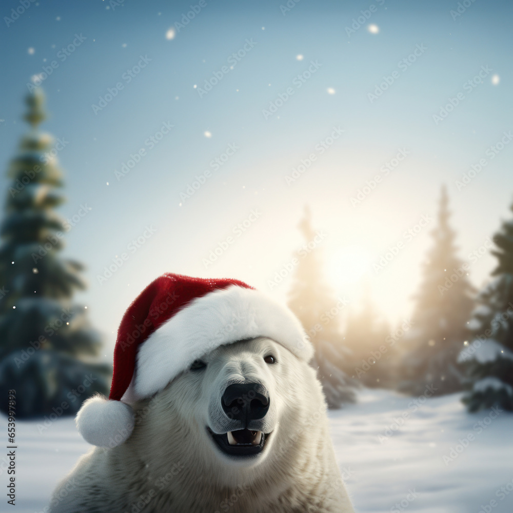 Funny hilarious White Bear in a red Santa Hat, Christmas design for print, postcard, greeting card. Space for text, copy space, banner, snowflakes. Christmas vacation, wild life. Funny hilarious White Bear in a red Santa Hat, Christmas design for print, postcard, greeting card. Space for text, copy space, banner, snowflakes. Christmas vacation, wild life.