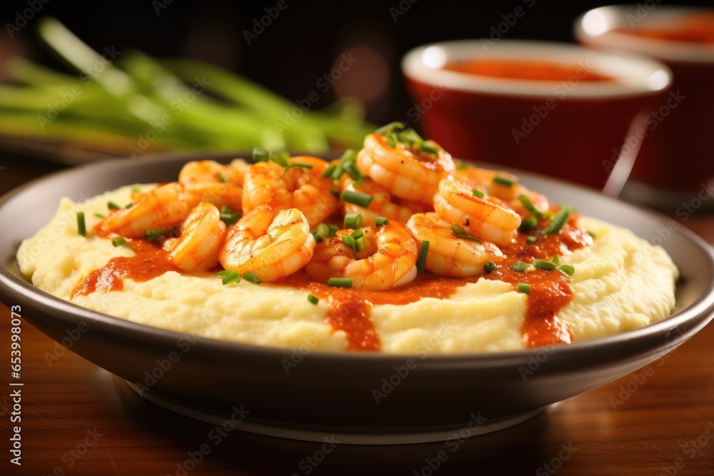 A celebration of coastal flavors plump, juicy shrimp served on a bed of creamy, corninfused grits, accompanied by a tangy roasted red pepper sauce that provides a burst of sweetness and A celebration of coastal flavors plump, juicy shrimp served on a bed of creamy, corninfused grits, accompanied by a tangy roasted red pepper sauce that provides a burst of sweetness and