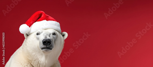 Banner with a white polar bear wearing a red Santa hat. Isolated on red studio background, flat light, design, free space, copy space. Close up animal portrait. Happy New Year concept design. © Екатерина Ракунова