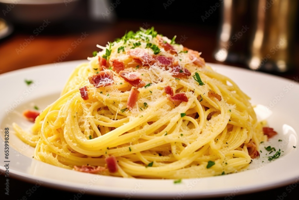 From the side, the traditional Italian dish of Spaghetti Carbonara showcases a generous amount of grated Pecorino Romano cheese, delicately melting into the warm pasta.