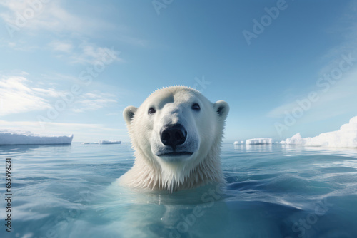 Fotografia, Obraz A large polar polar bear swims in the Arctic Ocean