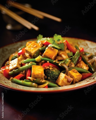 In this fragrant stirfry, bitesized cubes of tofu take center stage, surrounded by an assortment of vegetables. The tofu absorbs the savory flavors of the soybased sauce, complemented by photo