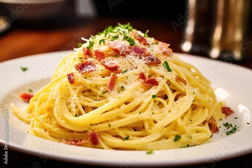 From the side  the traditional Italian dish of Spaghetti Carbonara showcases a generous amount of grated Pecorino Romano cheese  delicately melting into the warm pasta.