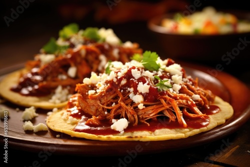 A fiesta of flavors in an enchilada corn tortillas coing tender pulled pork carnitas  smothered in a velvety red chili sauce  sprinkled with crumbled cotija cheese  baked to perfection.