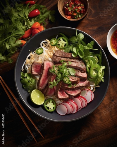 A symphony of flavors unfolds in this pho bowl from the fragrant broth infused with warm es to the complex umami notes of the beef, each sful tells a story of culinary mastery.