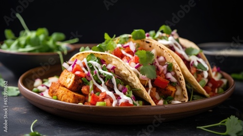 A captivating shot highlighting tofu tacos as a mouthwatering vegan delight. The image showcases soft tortillas filled with smoky grilled tofu strips, accompanied by a tangy pico de gallo