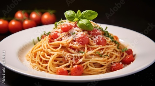 A wellcomposed food shot ilrates Margherita Pasta from a side angle, showcasing the smooth and velvety texture of the tomato sauce. Specks of red chili flakes are visible, hinting at a subtle