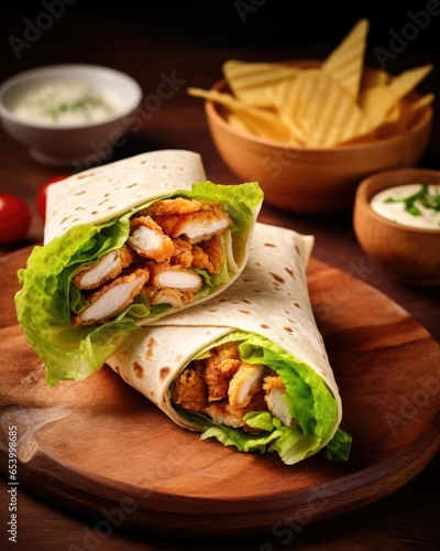 This appetizing photograph showcases a Chicken Caesar Wrap that is a true feast for the eyes. Succulent grilled chicken strips are enveloped in a soft tortilla wrap, accompanied by a generous