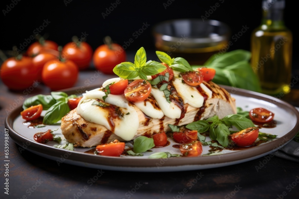 Indulge in a delectable masterpiece where a perfectly cooked chicken is filled to the brim with melted mozzarella cheese, juicy sunrid tomatoes, and aromatic basil leaves, resulting in a Indulge in a delectable masterpiece where a perfectly cooked chicken is filled to the brim with melted mozzarella cheese, juicy sunrid tomatoes, and aromatic basil leaves, resulting in a