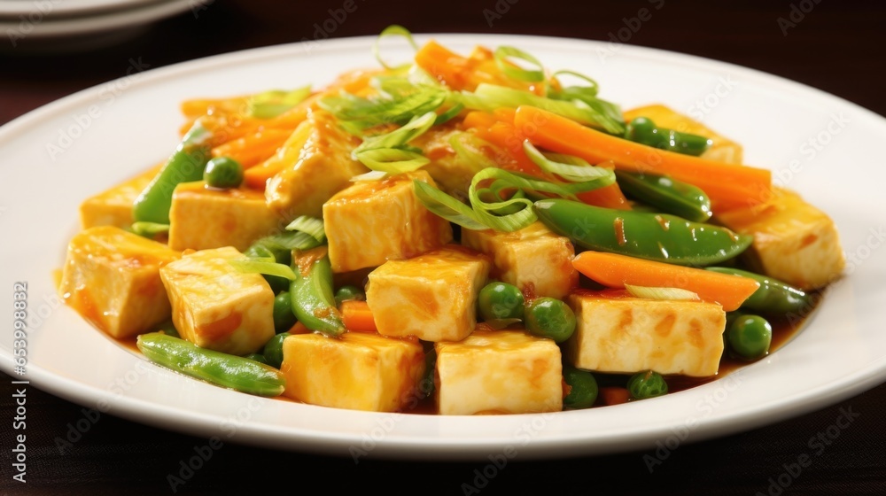 Slices of golden tofu, seared to perfection, enveloped in a symphony of vivid zucchini, vibrant snow peas, and brilliant orange carrots, making for an indulgent yet nutritious culinary masterpiece. Slices of golden tofu, seared to perfection, enveloped in a symphony of vivid zucchini, vibrant snow peas, and brilliant orange carrots, making for an indulgent yet nutritious culinary masterpiece.
