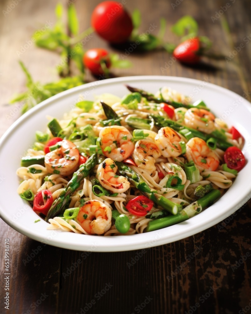 An inviting photograph showcases a colorful and flavorful Shrimp and Asparagus Pasta dish, featuring succulent grilled shrimp, vibrant asparagus spears, and al dente bowtie pasta, all tossed