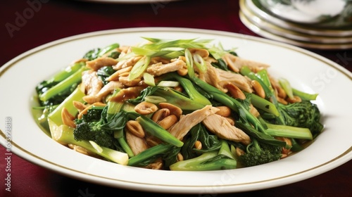 The photograph highlights the beautiful medley of colors in this dish, as vibrant green Chinese broccoli and crispy bean sprouts add a fresh and crunchy element to the chicken Pad See Ew.