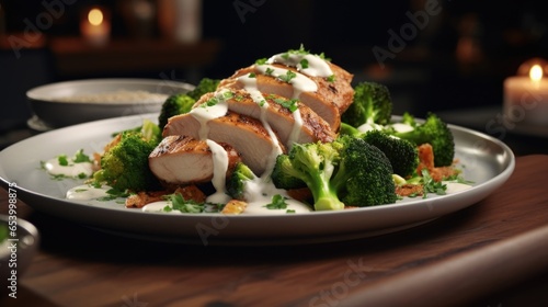 Revel in the beauty of a dish showcasing perfectly seared chicken slices, adorned with a creamy, garlicinfused Alfredo sauce, accompanied by vibrant, crunch broccoli florets, creating a photo