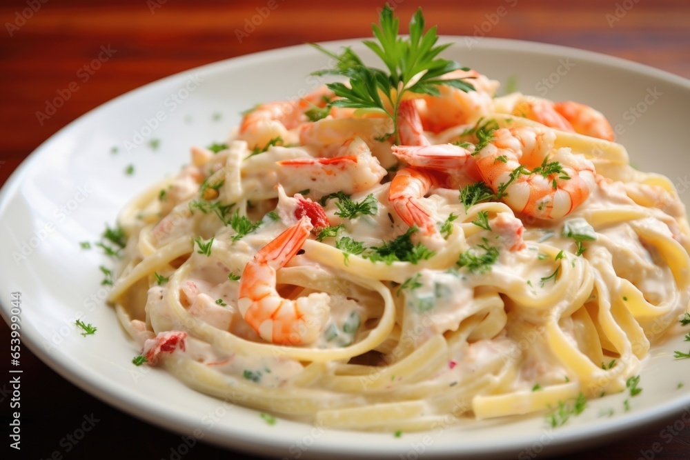 A visually delightful image of a shrimp and crab pasta Alfredo dish, the beautifully arranged seafood and pasta strands harmonizing perfectly within a creamy sauce, with the Alfredos richness