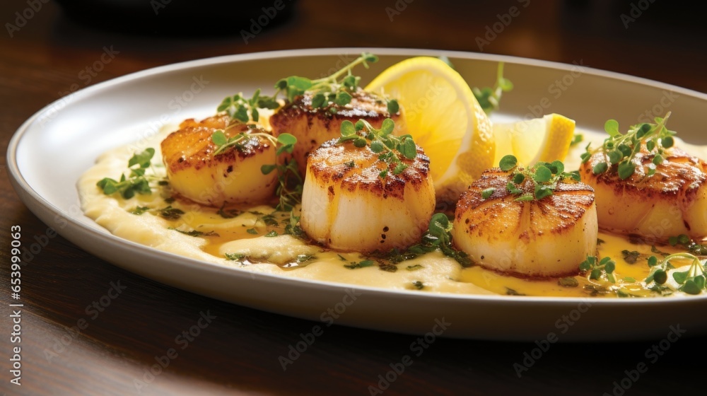 zooms in on a sizzling pan filled with succulent scallops, perfectly seared to a goldenbrown crust. Their tender, ery rests on a bed of pillowy cauliflower puree, accented with zooms in on a sizzling pan filled with succulent scallops, perfectly seared to a goldenbrown crust. Their tender, ery rests on a bed of pillowy cauliflower puree, accented with