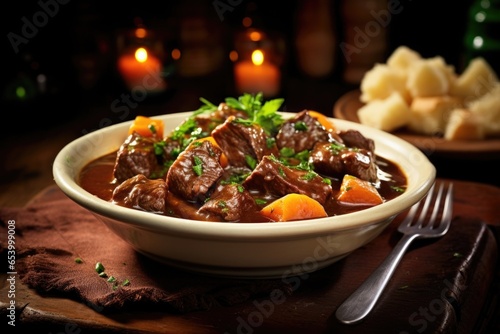 Discover the essence of traditional Irish cuisine with this iconic stew, featuring tender beef that has been drenched in a inspired sauce and slowly cooked to create a flavorful