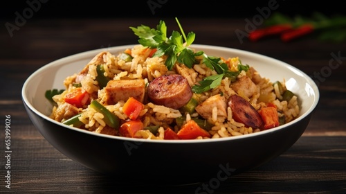 A side view showcasing a succulent bite of Chicken and Sausage Jambalaya, where tender chunks of chicken and sausage can be seen peeking through the hearty mix of rice and vegetables. The