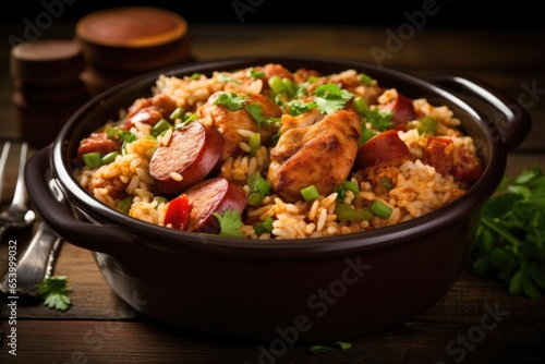 A closeup capture, highlighting the glossy sheen that coats each moist piece of chicken and sausage. The Jambalaya is a harmonious blend of es, tomatobased sauce, and savory meats, making