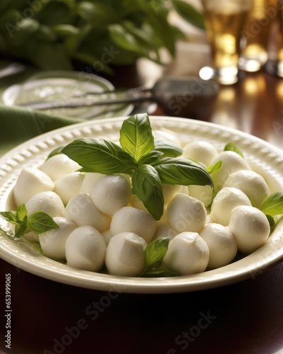 An artfully arranged platter of delicate, bitesized mozzarella balls, garnished with a handful of vibrant, fresh basil leaves. The pale white color of the cheese contrasts beautifully with photo