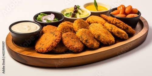 A wooden platter is filled with a variety of legumebased fritters, creating an appetizing visual display. From golden falafels made of finely ground chickpeas to crispy black bean cakes, photo